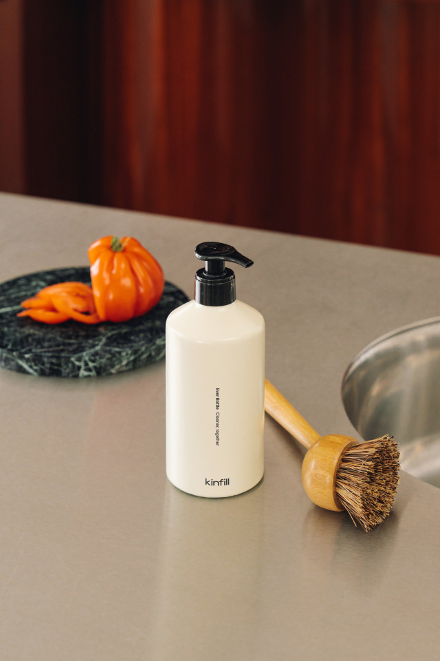 kinfill dish soap on metal countertop 
