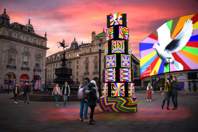 render of people looking at modern art in central london