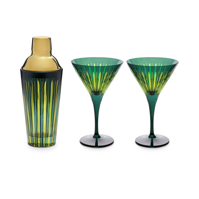 green cocktail set with shaker and two glasses