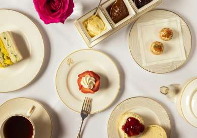 Aerial view of afternoon tea at hotel cafe royal.