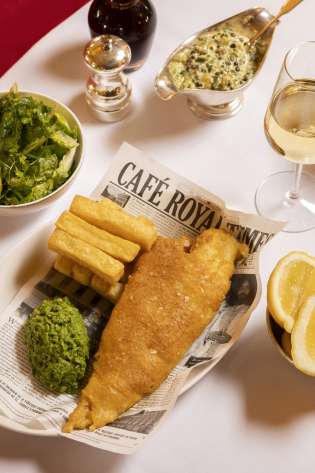 Fish and chips at hotel cafe royal.
