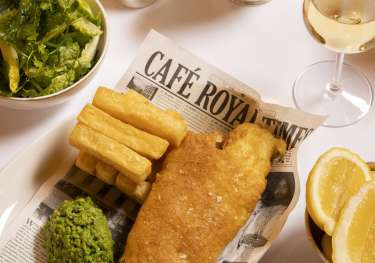 Fish and chips at hotel cafe royal.