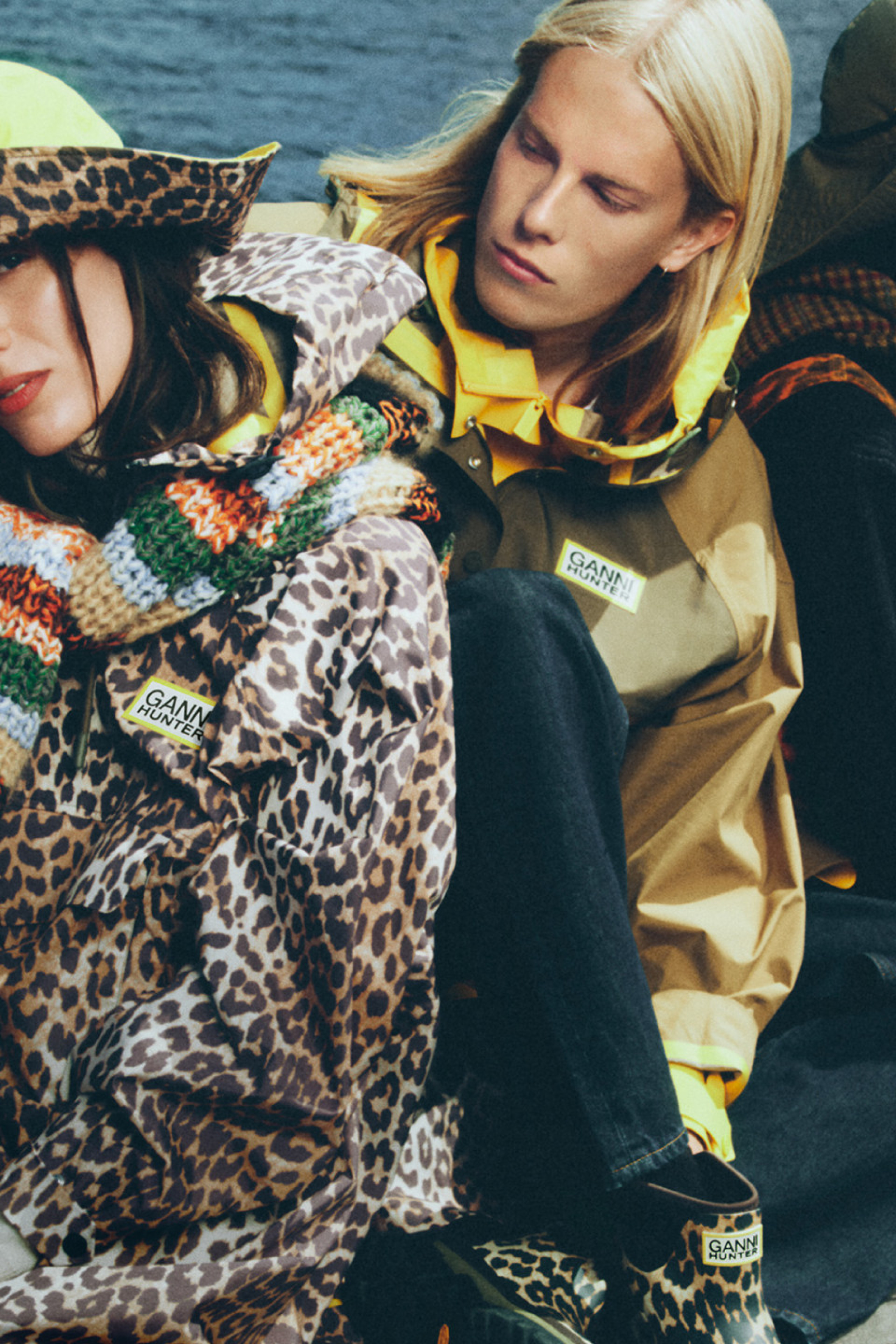 ganni x hunter collaboration with ponchos and rain hats 
