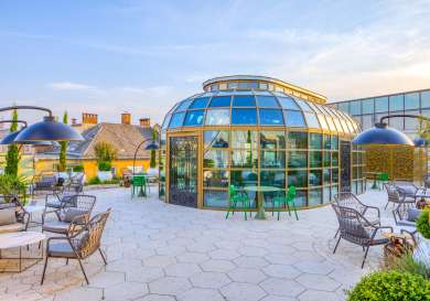 Outdoor terrace with conservatory at budapest hotel.