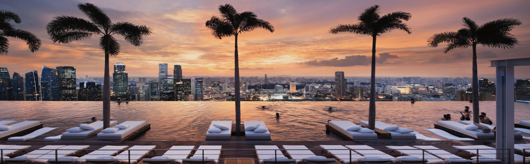 Infinity pool at sunset with palm trees in Singapore