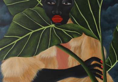 A person with bright red lips partially concealed by large green leaves clasps their shoulder in a fur-like garment, set against a dark, moody background.