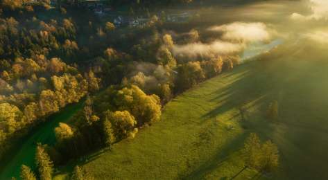Aerial view of field in the UK during autumn .
