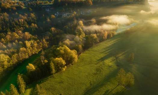 Aerial view of field in the UK during autumn .