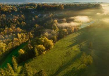 Aerial view of field in the UK during autumn .