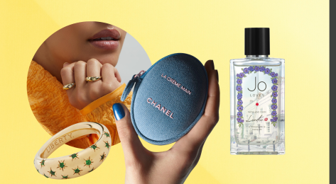 Composite image featuring jewellery, perfume and handcream.