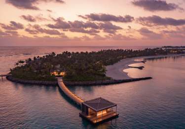 Aerial view of arrival pontoon at maldivian hotel.