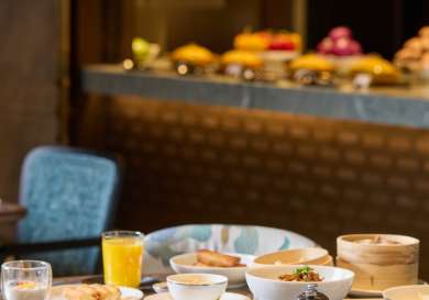 Breakfast laid out at hotel in shanghai.