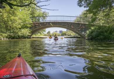 Kayaks on river with bridge in boston.