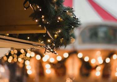 Close-up photo of christmas market hut .