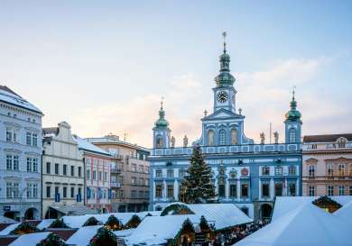 Aerial view of christmas market with wooden huts.