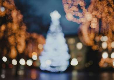 Blurry photo of christmas tree decorated with white lights .
