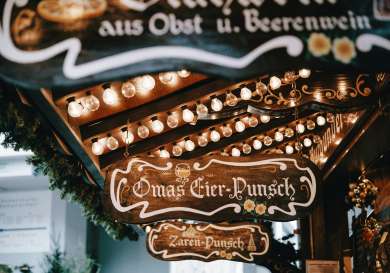 View of wooden signs at christmas market .