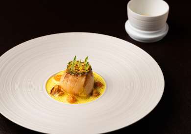 Scallop dish plated up with mushrooms and sauce .