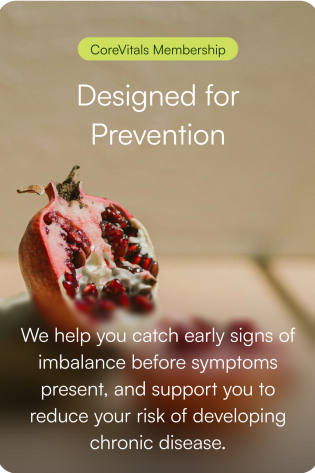 Photo of pomegranate with white text overlay.