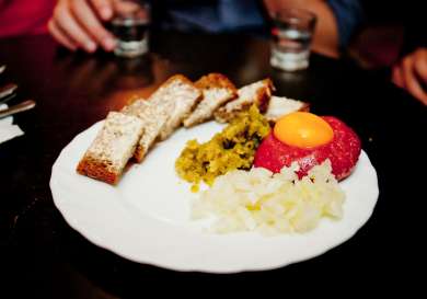 Plate of food in restaurant.