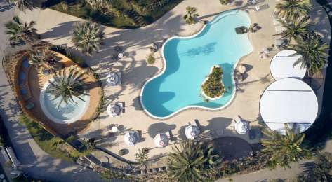 Aerial view of hotel swimming pool .