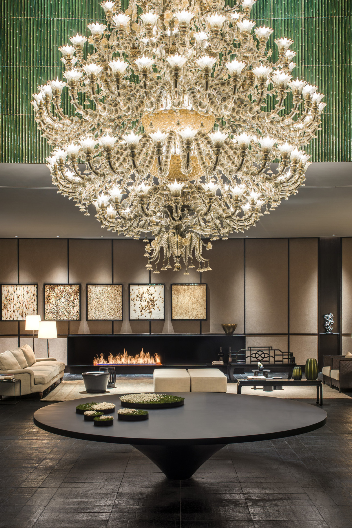 hotel lobby with giant chandelier