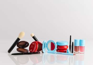 Beauty products arranged on table.