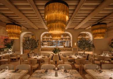 Fenix restaurant interiors with fringed lights .