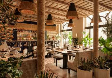 Fenix restaurant interior with hanging lights.