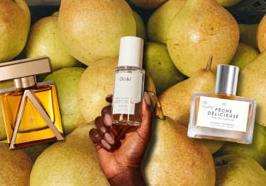 Image of pears overlaid with three perfume bottles.