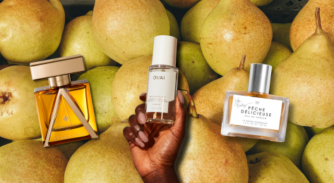 Image of pears overlaid with three perfume bottles.