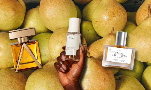 Image of pears overlaid with three perfume bottles.