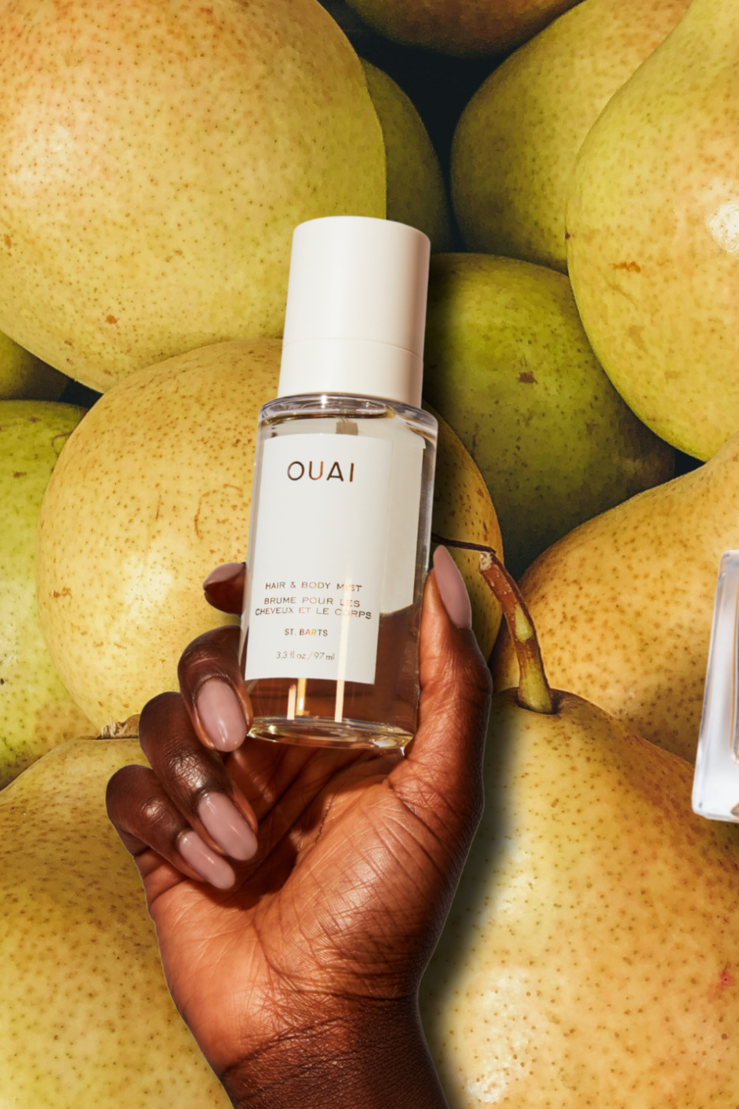 image of pears overlaid with three perfume bottles