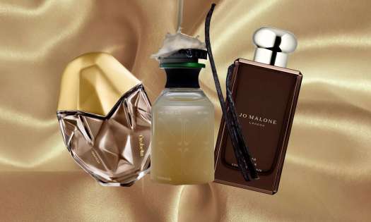 Trio of fragrances on silk background.