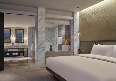 Hotel suite with white marble details.