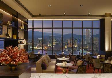 Hotel dining room with skyline views.