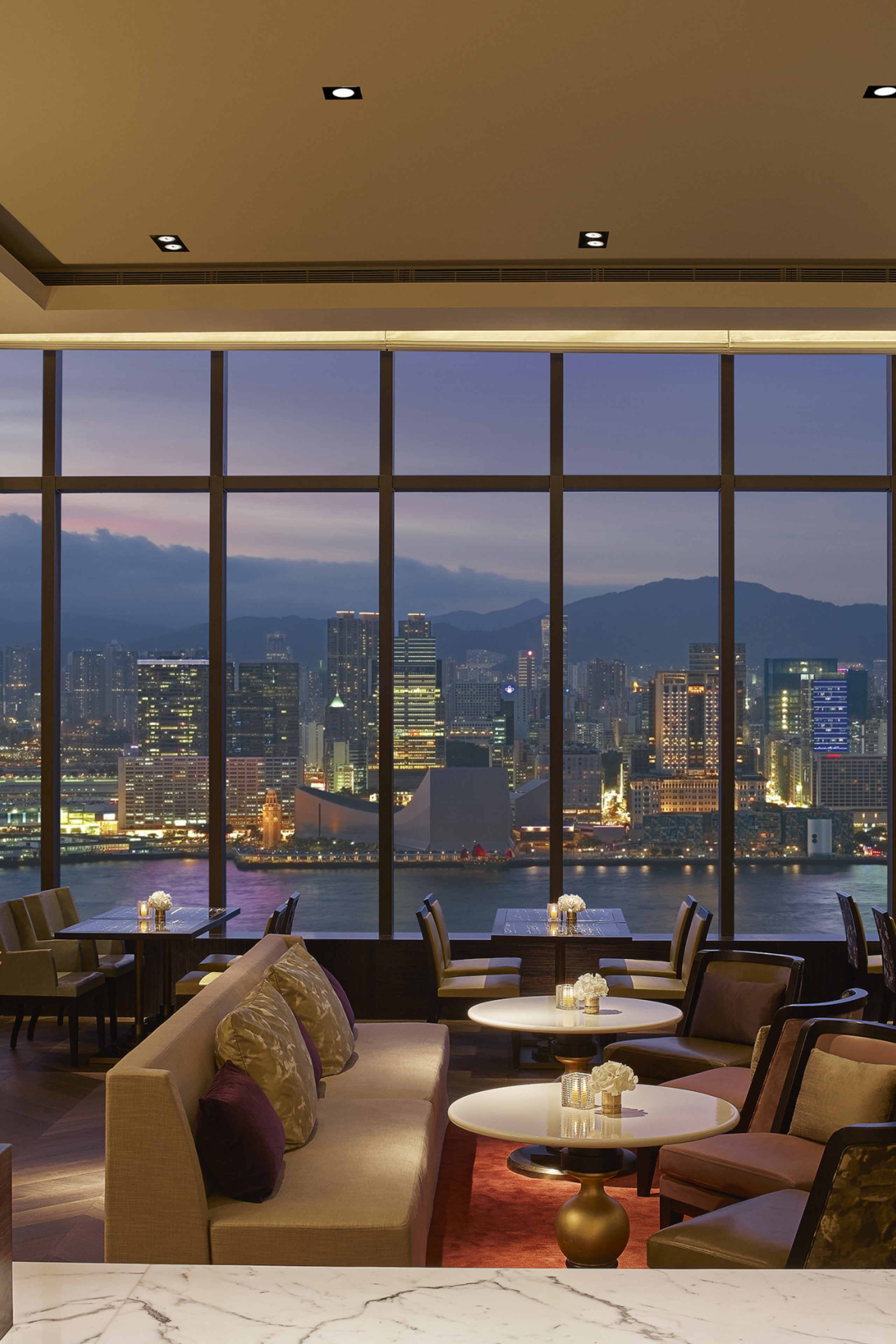 hotel dining room with view of skyline
