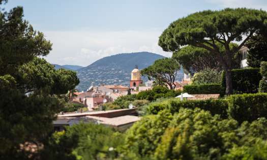 View across french town with trees in the foreground.
