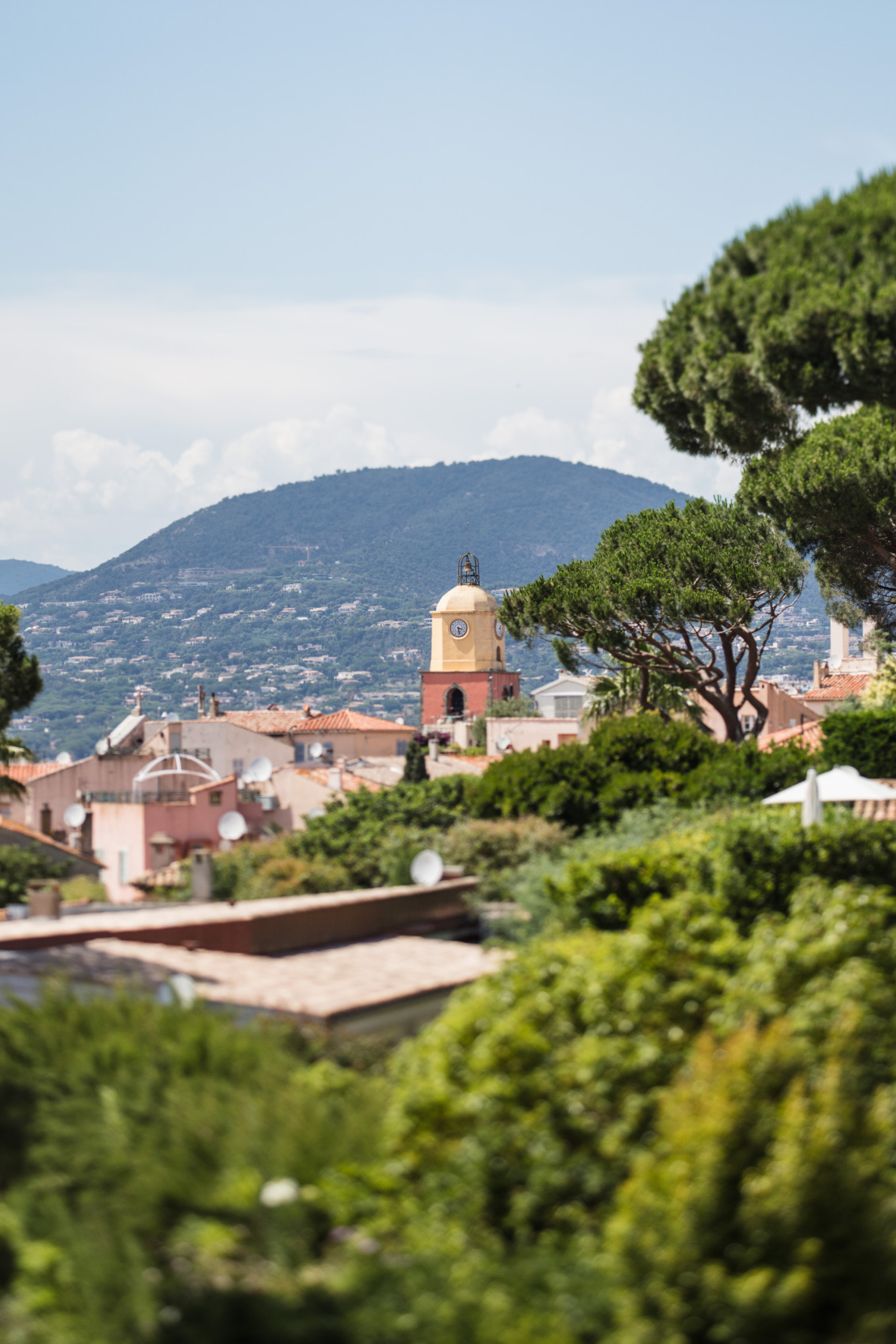view across french town with trees in the foreground