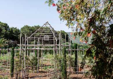 Hotel garden with wooden structures for growing vegetables.