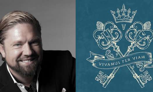 Headshot of adam von gootkin next to crossed keys brand logo.