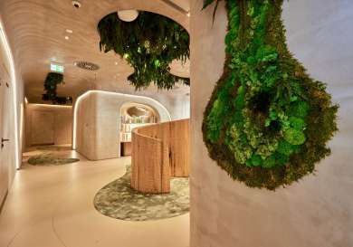 Room inside beauty clinic with curved walls and wooden details.