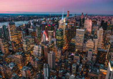 Aerial view of new york at sunset .