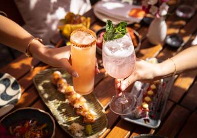 Two people clinking glasses.