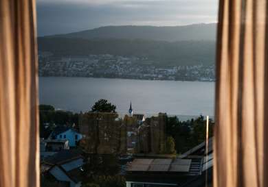 View from balcony across lake zurich.