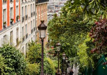 Steps in paris with lampposts .