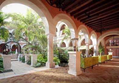 Courtyard with palm trees in the middle .