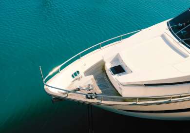 Front of luxury yacht at sea.
