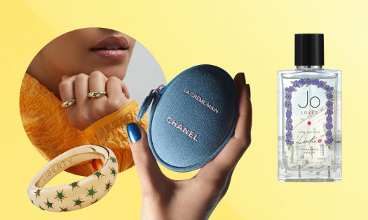 Beauty and jewellery items on butter yellow background.