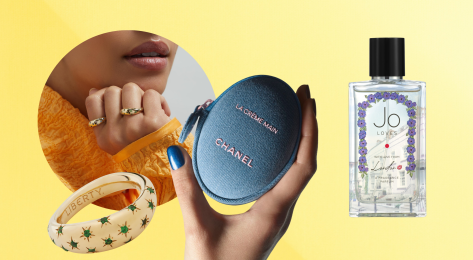 Beauty and jewellery items on butter yellow background.